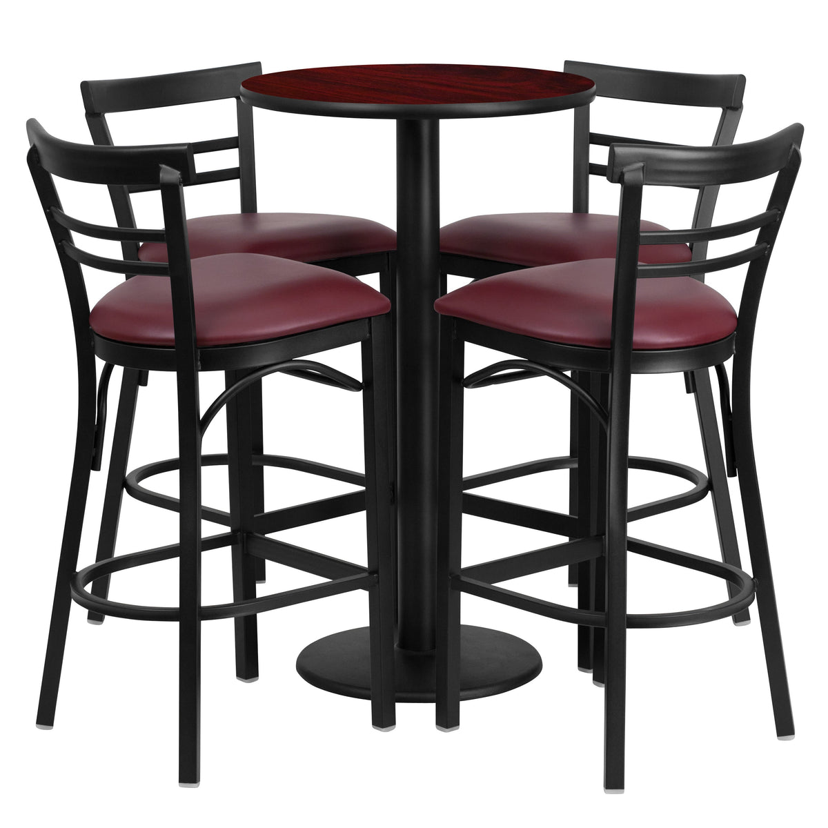 Flash Furniture RSRB1038-GG 24" Round Mahogany Laminate Table w/ Round Base & 4 Ladder Back Metal Barstools (Mahogany Top/Burgundy Vinyl Seat) - Main view