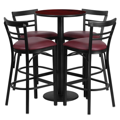 Flash Furniture RSRB1038-GG 24" Round Mahogany Laminate Table w/ Round Base & 4 Ladder Back Metal Barstools (Mahogany Top/Burgundy Vinyl Seat) - Main view