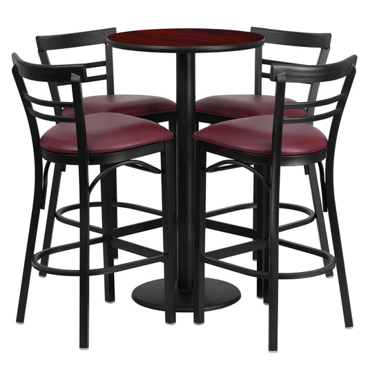 Flash Furniture RSRB1038-GG 24" Round Mahogany Laminate Table w/ Round Base & 4 Ladder Back Metal Barstools (Mahogany Top/Burgundy Vinyl Seat) - Main view
