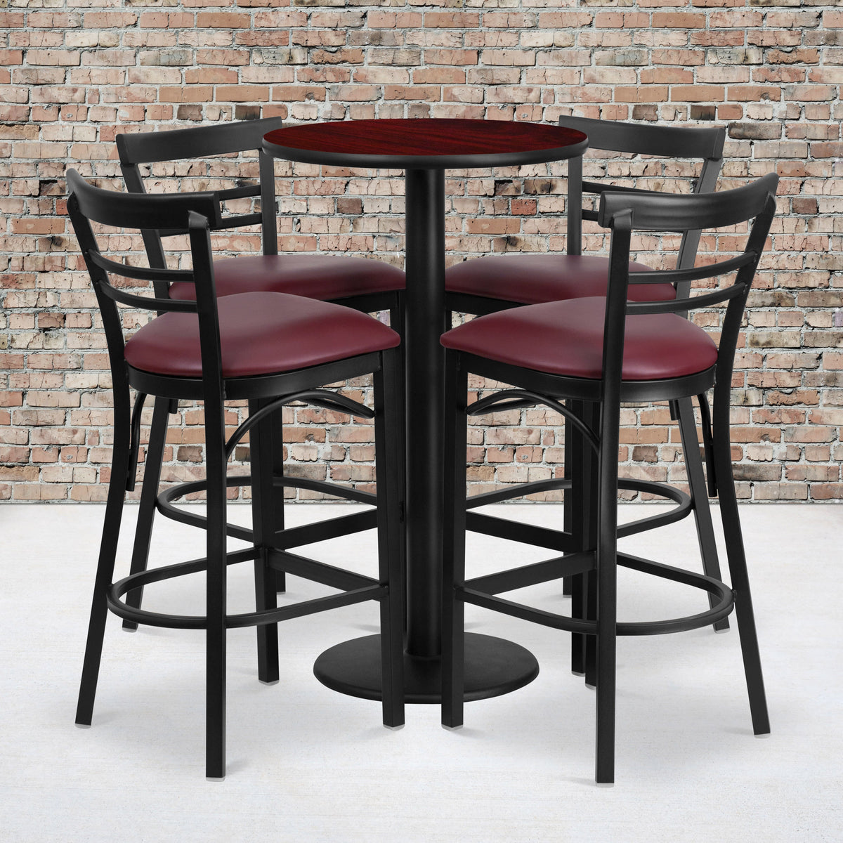 Flash Furniture RSRB1038-GG 24" Round Mahogany Laminate Table w/ Round Base & 4 Ladder Back Metal Barstools (Mahogany Top/Burgundy Vinyl Seat) - View 2