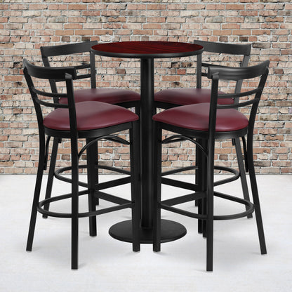 Flash Furniture RSRB1038-GG 24" Round Mahogany Laminate Table w/ Round Base & 4 Ladder Back Metal Barstools (Mahogany Top/Burgundy Vinyl Seat) - View 2