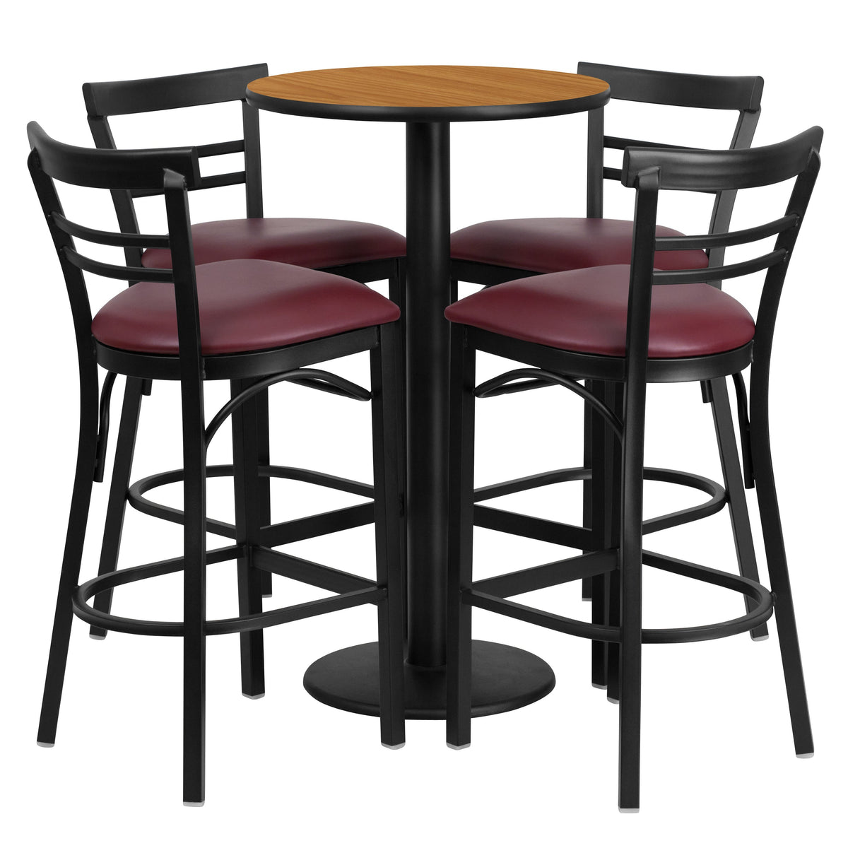 Flash Furniture RSRB1039-GG 24" Round Natural Laminate Table w/ Round Base & 4 Ladder Back Metal Barstools (Natural Top/Burgundy Vinyl Seat) - Main view