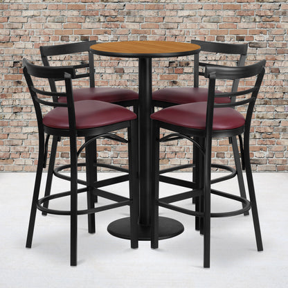 Flash Furniture RSRB1039-GG 24" Round Natural Laminate Table w/ Round Base & 4 Ladder Back Metal Barstools (Natural Top/Burgundy Vinyl Seat) - View 2