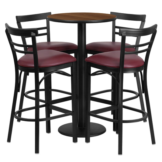 Flash Furniture RSRB1040-GG 24" Round Walnut Laminate Table with Round Base & 4 Ladder Back Metal Barstools (Walnut Top/Burgundy Vinyl Seat) - Main view