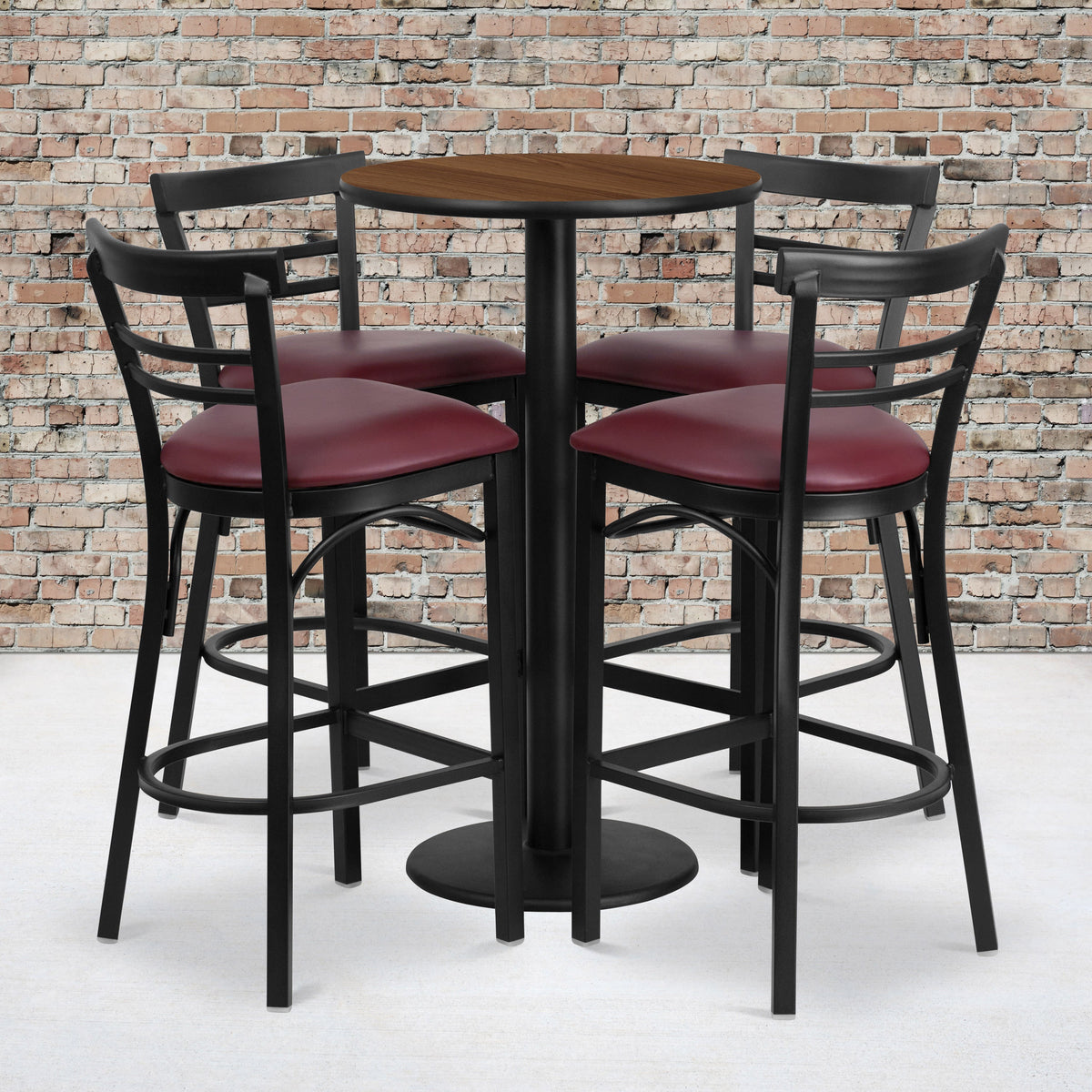 Flash Furniture RSRB1040-GG 24" Round Walnut Laminate Table with Round Base & 4 Ladder Back Metal Barstools (Walnut Top/Burgundy Vinyl Seat) - View 2
