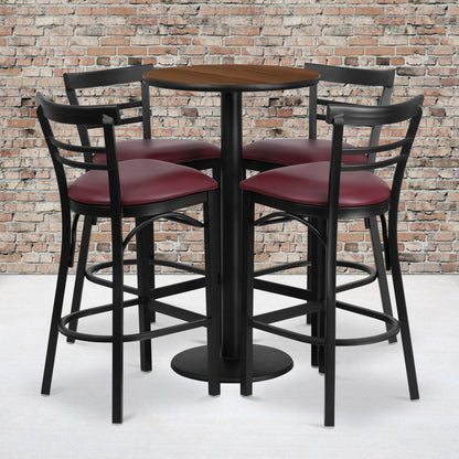 Flash Furniture RSRB1040-GG 24" Round Walnut Laminate Table with Round Base & 4 Ladder Back Metal Barstools (Walnut Top/Burgundy Vinyl Seat) - View 2