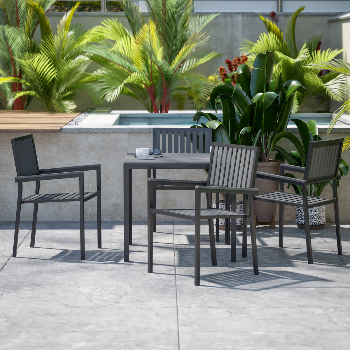 Flash Furniture SB-A268C4-T-BK-GG All-Weather Resin Top Square Table & 4 Metal Chairs with Poly Resin Seats-Black - View 2