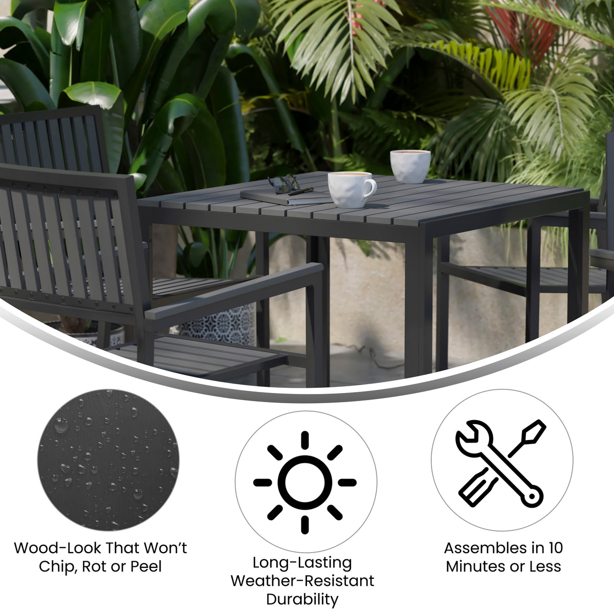 Flash Furniture SB-A268C4-T-BK-GG All-Weather Resin Top Square Table & 4 Metal Chairs with Poly Resin Seats-Black - View 3