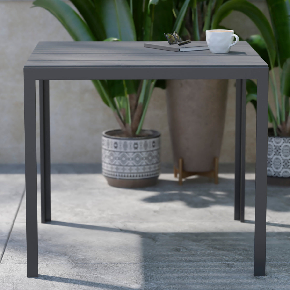 Flash Furniture SB-A268T-BK-GG Indoor/Outdoor Commercial Steel Patio Table with Poly Resin Slatted Top - Black - View 2