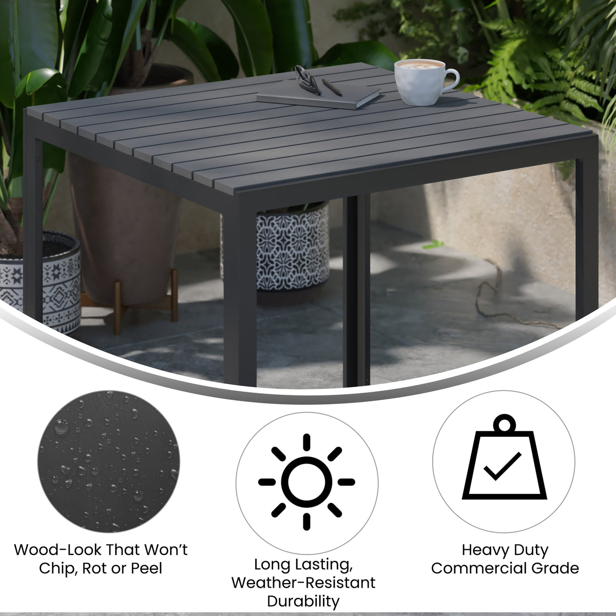 Flash Furniture SB-A268T-BK-GG Indoor/Outdoor Commercial Steel Patio Table with Poly Resin Slatted Top - Black - View 3