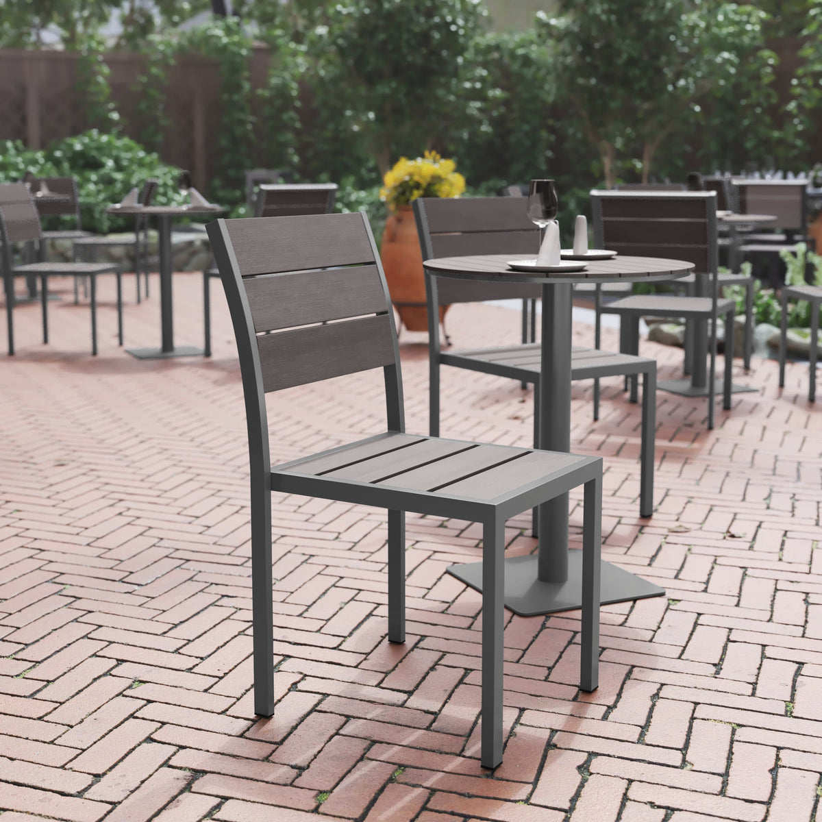 Flash Furniture SB-CA108-GRY-GG Commercial Grade Outdoor Faux Teak Armless Patio Dining Chair - Gray/Gray - View 2