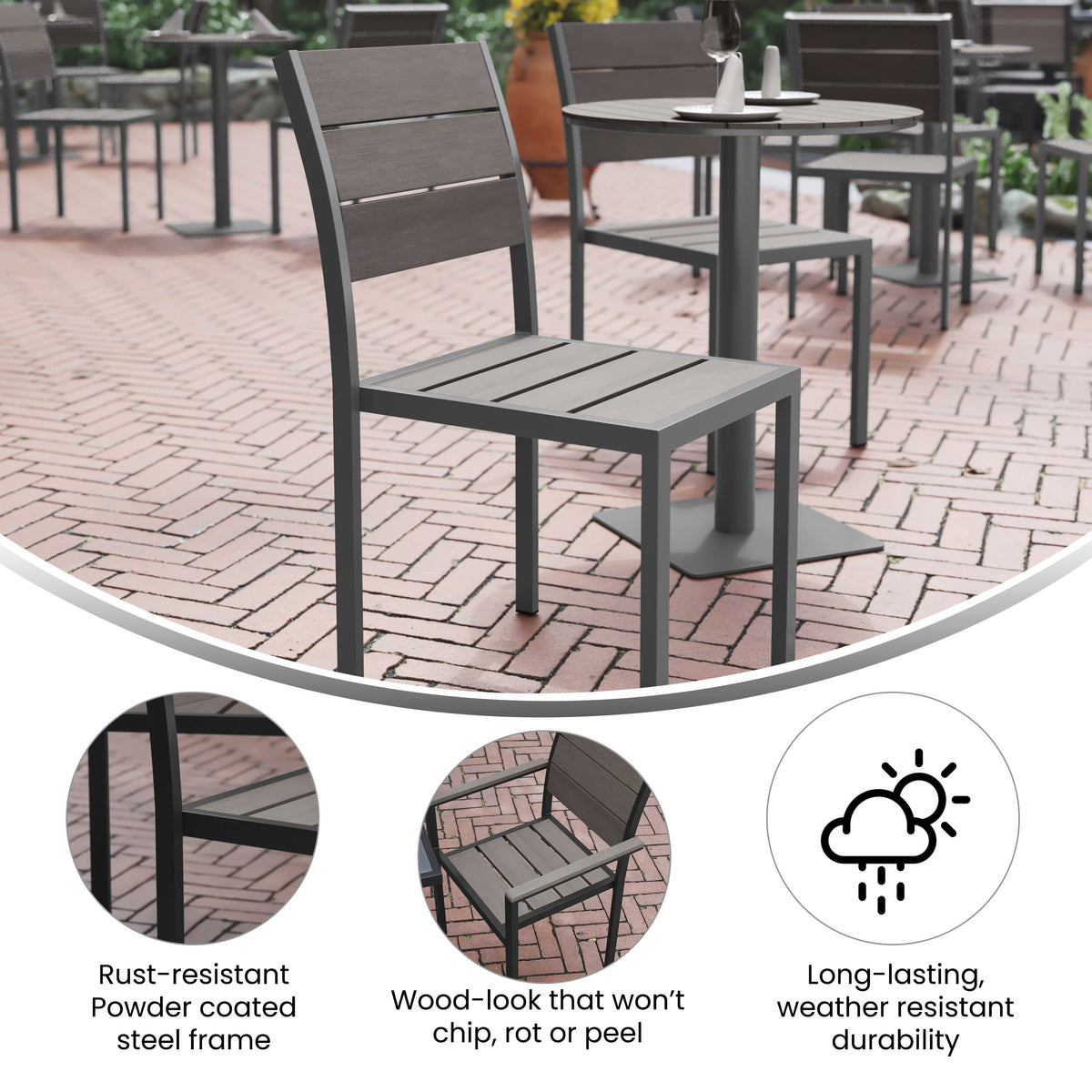 Flash Furniture SB-CA108-GRY-GG Commercial Grade Outdoor Faux Teak Armless Patio Dining Chair - Gray/Gray - View 3