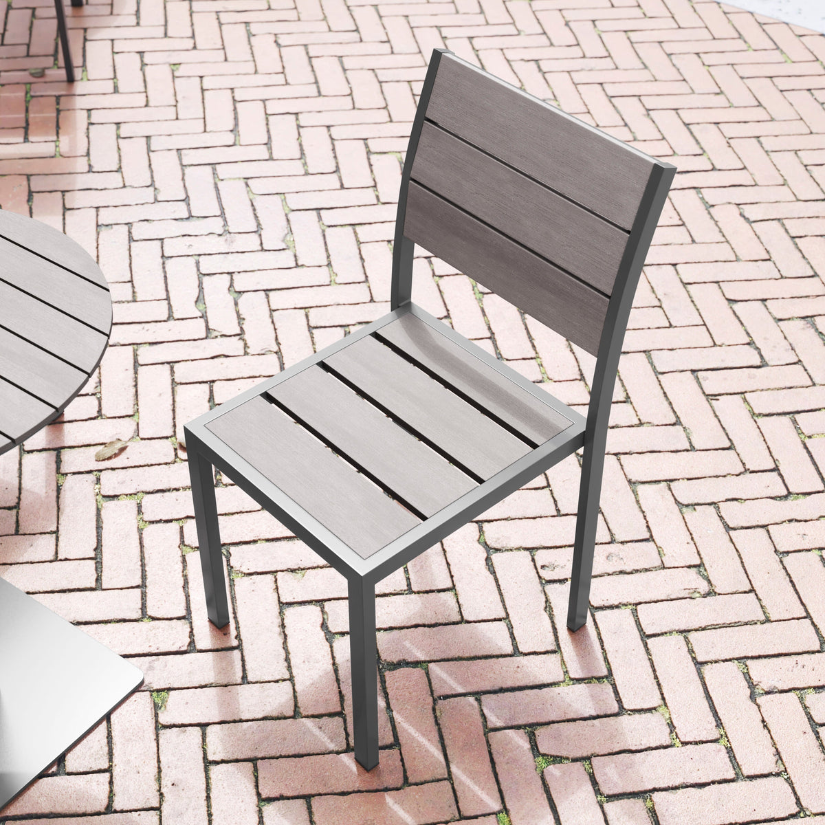 Flash Furniture SB-CA108-GRY-GG Commercial Grade Outdoor Faux Teak Armless Patio Dining Chair - Gray/Gray - View 5