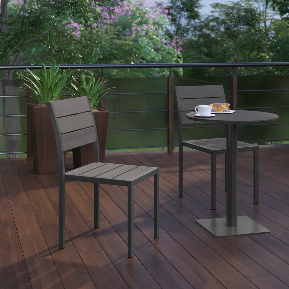 Flash Furniture SB-CA108-GRY-GG Commercial Grade Outdoor Faux Teak Armless Patio Dining Chair - Gray/Gray - View 6