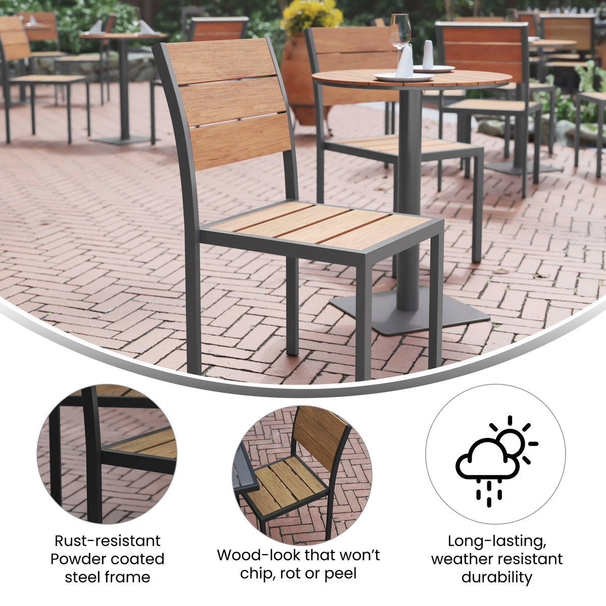 Flash Furniture SB-CA108-NAT-GG Commercial Grade Outdoor Faux Teak Armless Patio Dining Chair - Natural/Gray - View 3