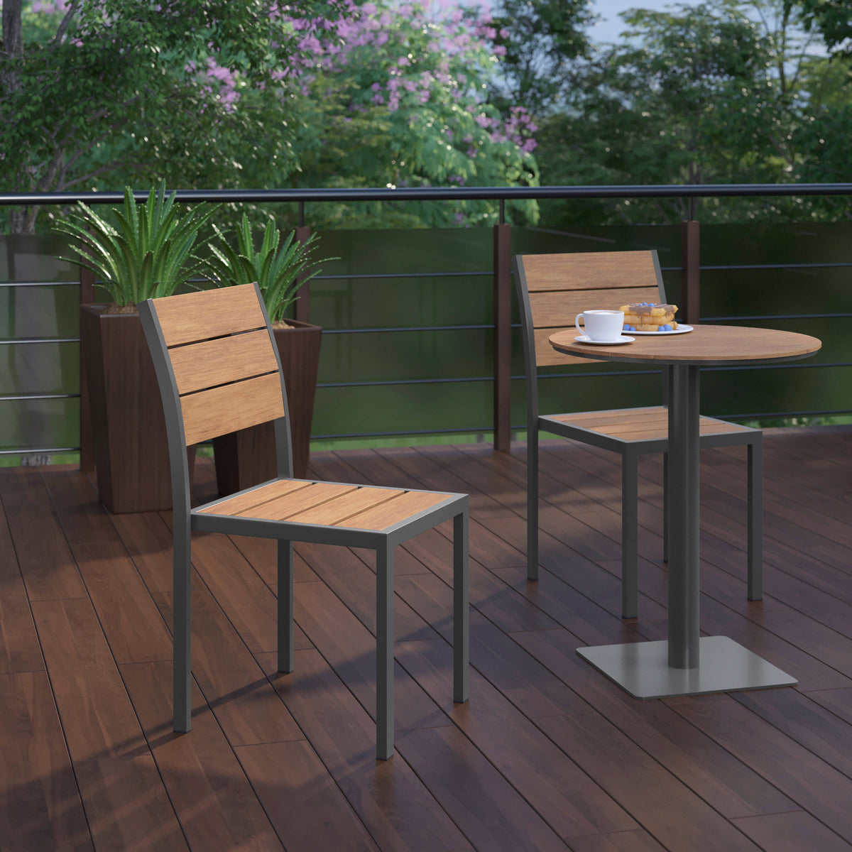 Flash Furniture SB-CA108-NAT-GG Commercial Grade Outdoor Faux Teak Armless Patio Dining Chair - Natural/Gray - View 6