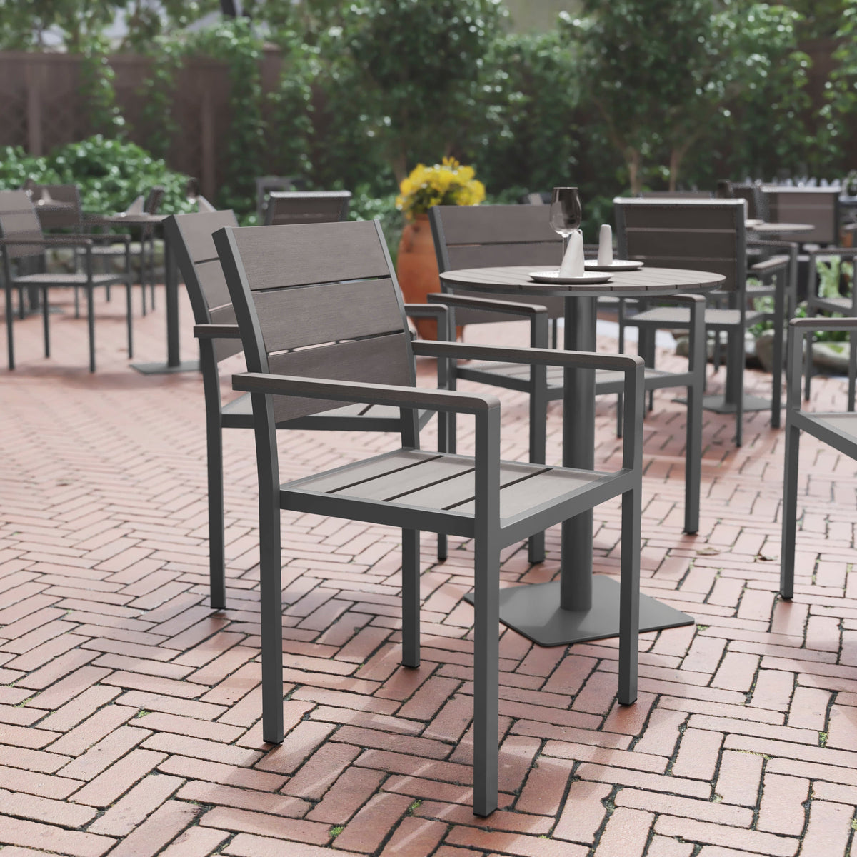 Flash Furniture SB-CA108-WA-GRY-GG Commercial Grade Outdoor Faux Teak Patio Dining Chair with Arms - Gray/Gray - View 2