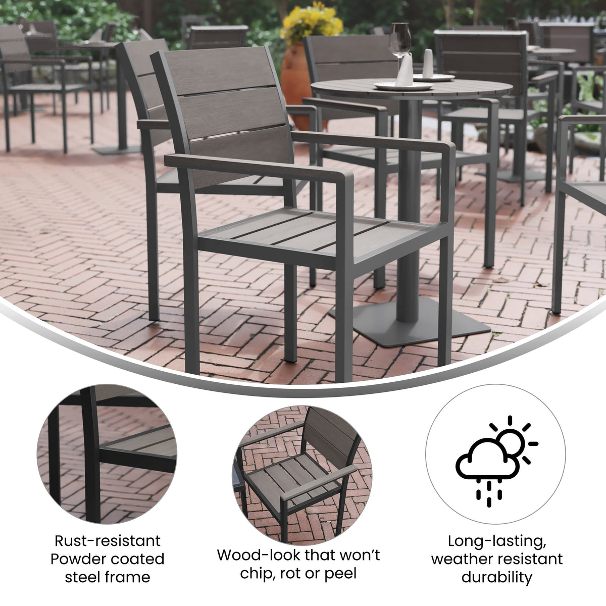 Flash Furniture SB-CA108-WA-GRY-GG Commercial Grade Outdoor Faux Teak Patio Dining Chair with Arms - Gray/Gray - View 3