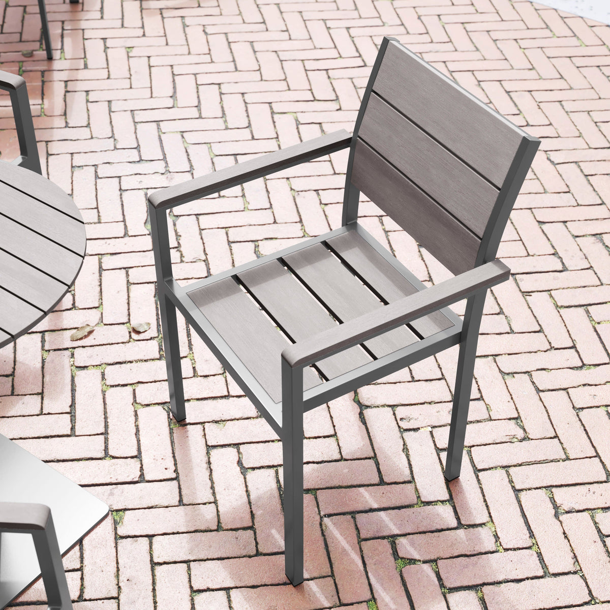 Flash Furniture SB-CA108-WA-GRY-GG Commercial Grade Outdoor Faux Teak Patio Dining Chair with Arms - Gray/Gray - View 5