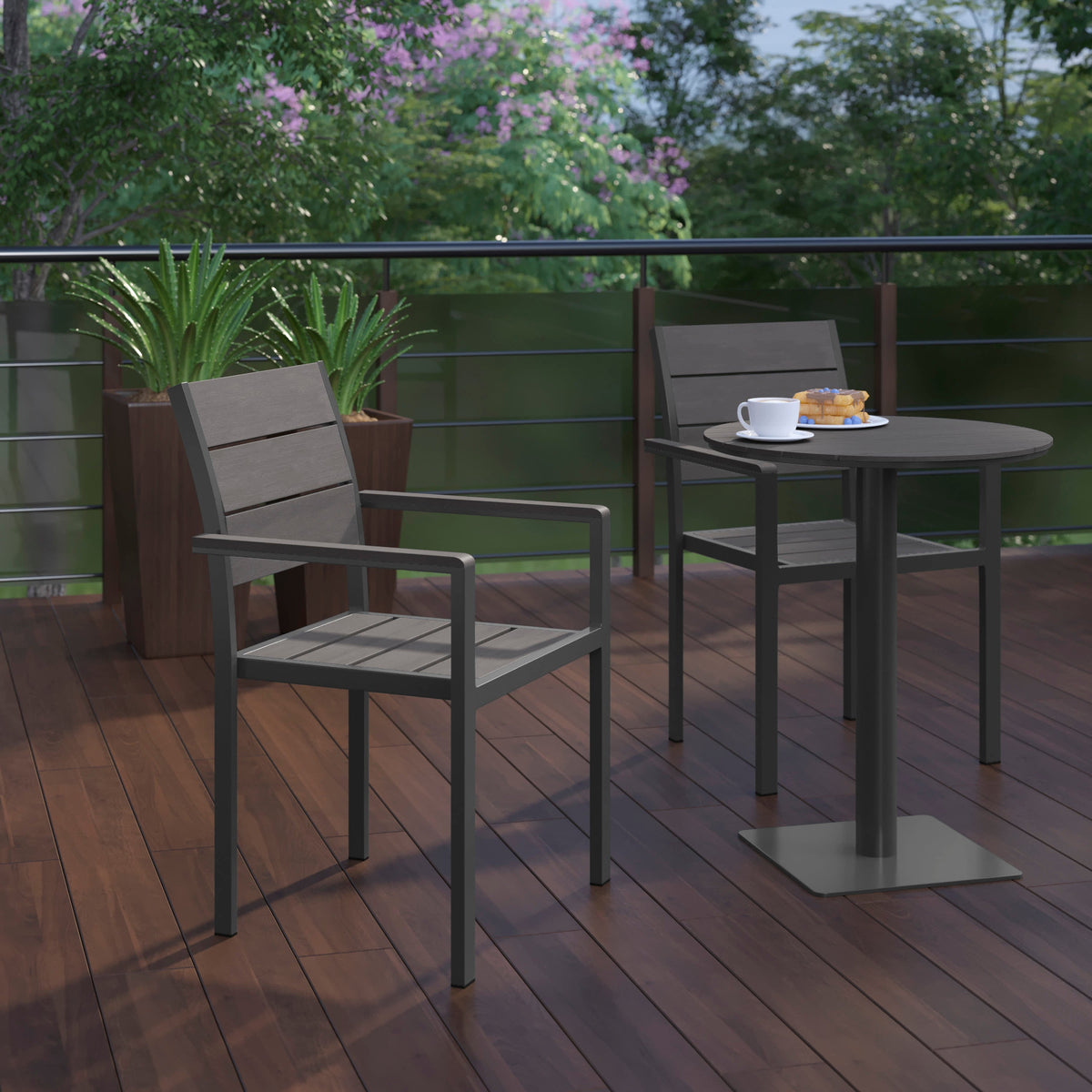 Flash Furniture SB-CA108-WA-GRY-GG Commercial Grade Outdoor Faux Teak Patio Dining Chair with Arms - Gray/Gray - View 6