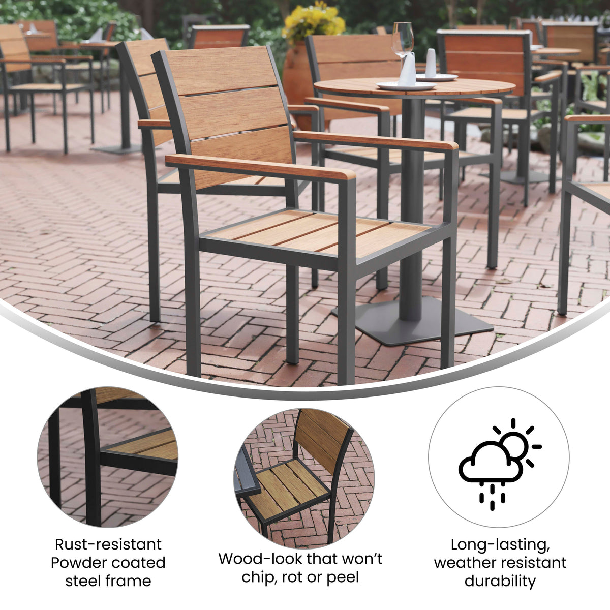 Flash Furniture SB-CA108-WA-NAT-GG Commercial Grade Outdoor Faux Teak Patio Dining Chair with Arms - Natural/Gray - View 3