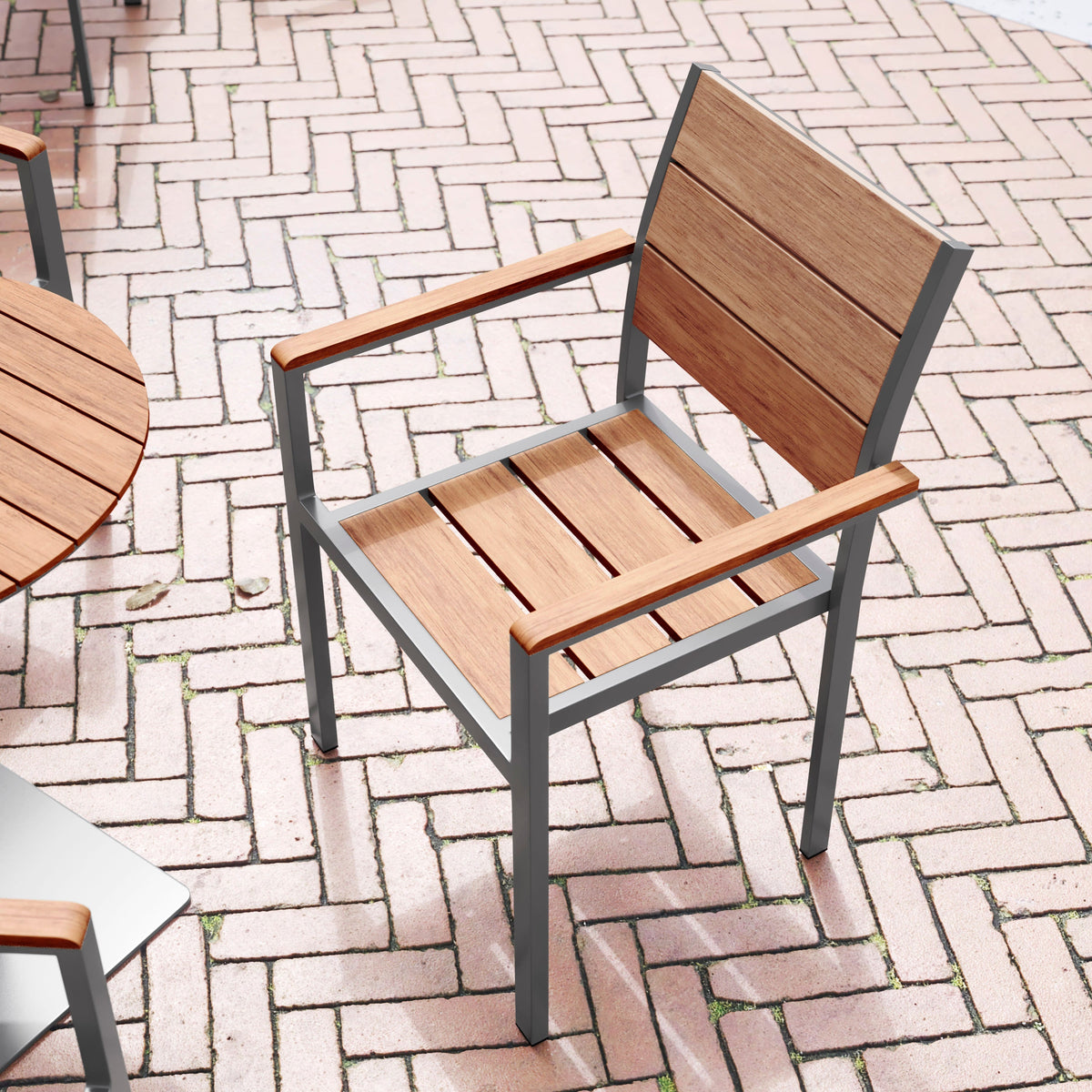 Flash Furniture SB-CA108-WA-NAT-GG Commercial Grade Outdoor Faux Teak Patio Dining Chair with Arms - Natural/Gray - View 5
