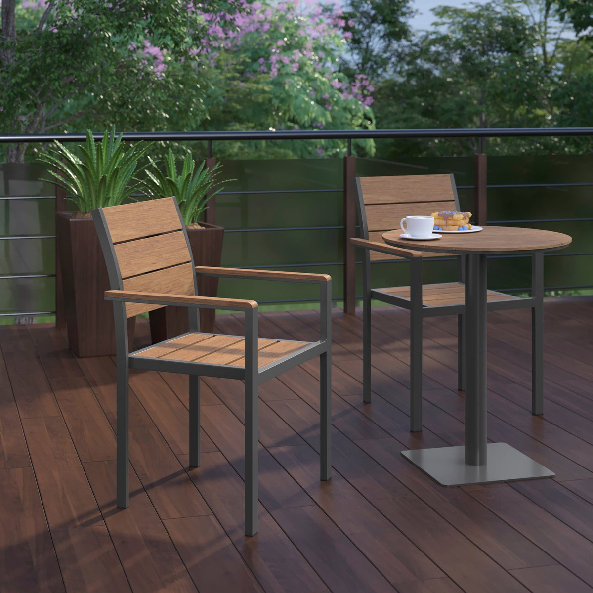 Flash Furniture SB-CA108-WA-NAT-GG Commercial Grade Outdoor Faux Teak Patio Dining Chair with Arms - Natural/Gray - View 6