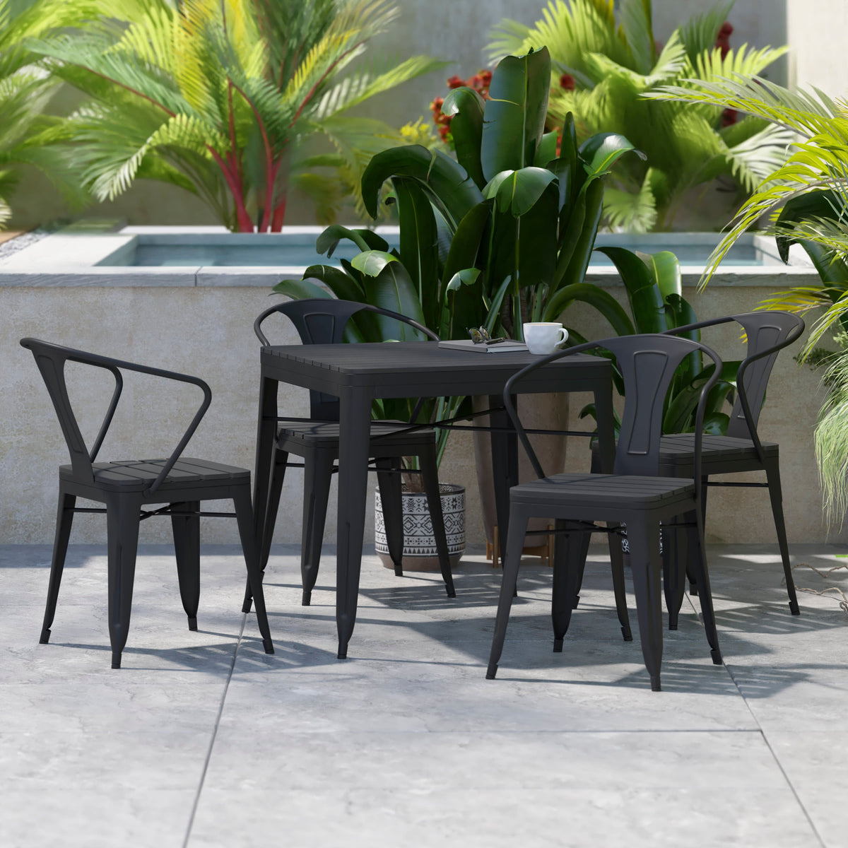 Flash Furniture SB-T11C4-T-BK-GG All-Weather Resin Top Square Table & 4 Metal Chairs with Poly Resin Seats-Black - View 2