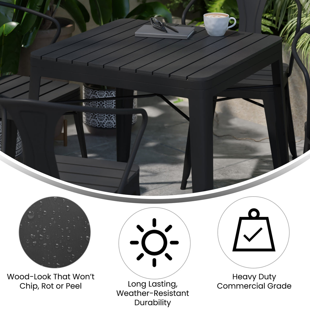 Flash Furniture SB-T11C4-T-BK-GG All-Weather Resin Top Square Table & 4 Metal Chairs with Poly Resin Seats-Black - View 3
