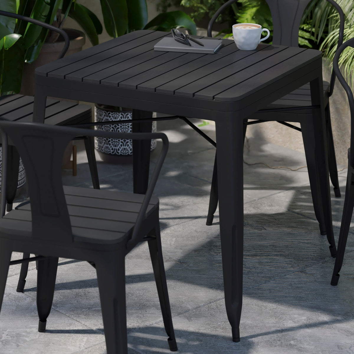 Flash Furniture SB-T11C4-T-BK-GG All-Weather Resin Top Square Table & 4 Metal Chairs with Poly Resin Seats-Black - View 6
