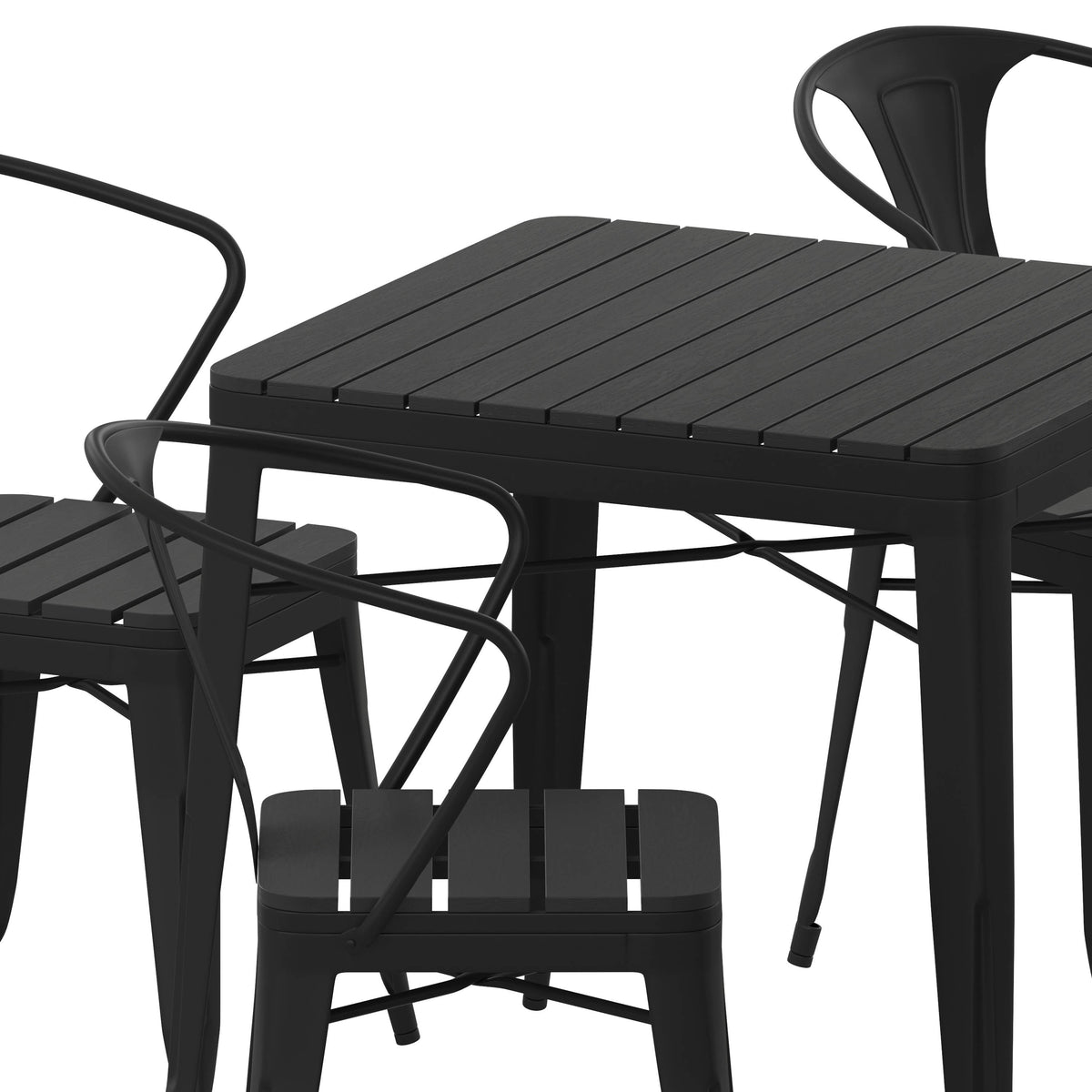 Flash Furniture SB-T11C4-T-BK-GG All-Weather Resin Top Square Table & 4 Metal Chairs with Poly Resin Seats-Black - View 9