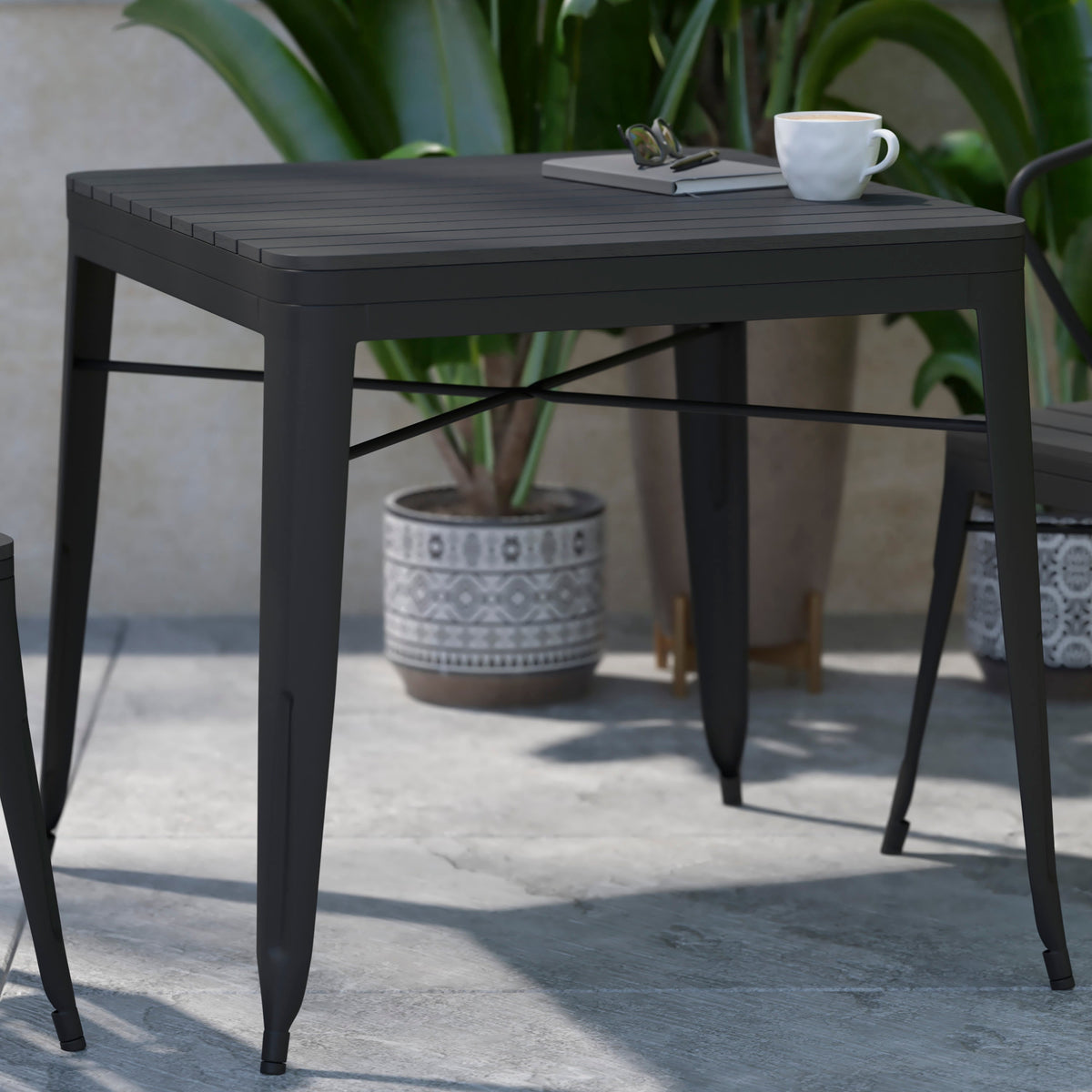 Flash Furniture SB-T11T-BK-GG Indoor/Outdoor Commercial Steel Patio Table with Poly Resin Slatted Top - Black - View 2