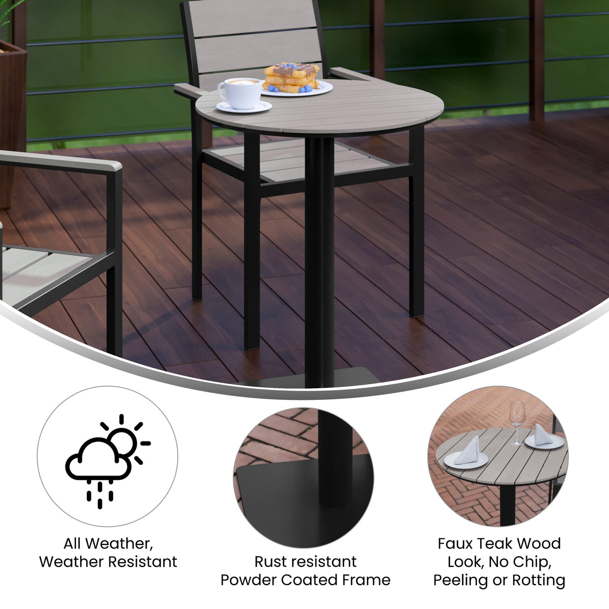Flash Furniture SB-TB106-GRY-GG Commercial 24 Inch Round Faux Teak Outdoor Patio Dining Table - Gray/Gray (Gray Top/Gray Frame) - View 2