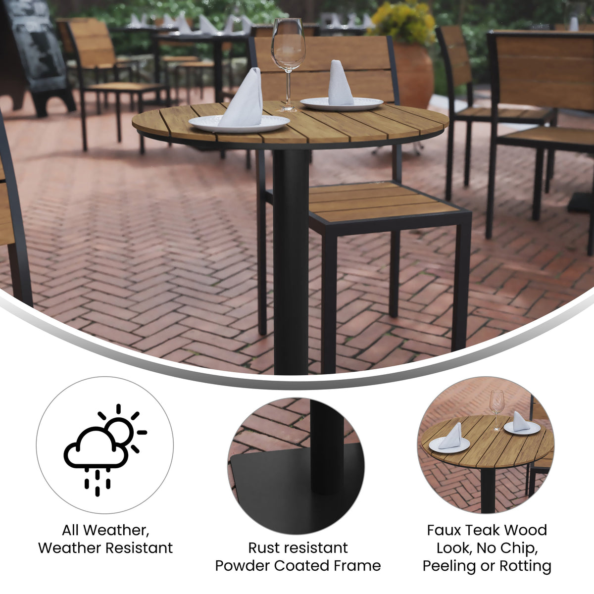 Flash Furniture SB-TB106-NAT-GG Commercial 24 Inch Round Faux Teak Outdoor Patio Dining Table - Natural/Gray (Natural Top/Gray Frame) - View 2