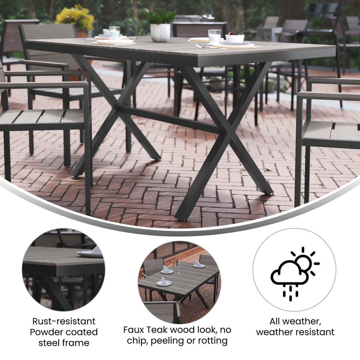 Flash Furniture SB-TB288-GRY-GG Commercial 59 x 35.5 Cross Frame Faux Teak Outdoor Patio Table - Gray/Gray (Gray Top/Gray Frame) - View 2