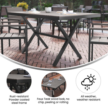 Flash Furniture SB-TB288-GRY-GG Commercial 59 x 35.5 Cross Frame Faux Teak Outdoor Patio Table - Gray/Gray (Gray Top/Gray Frame) - View 2