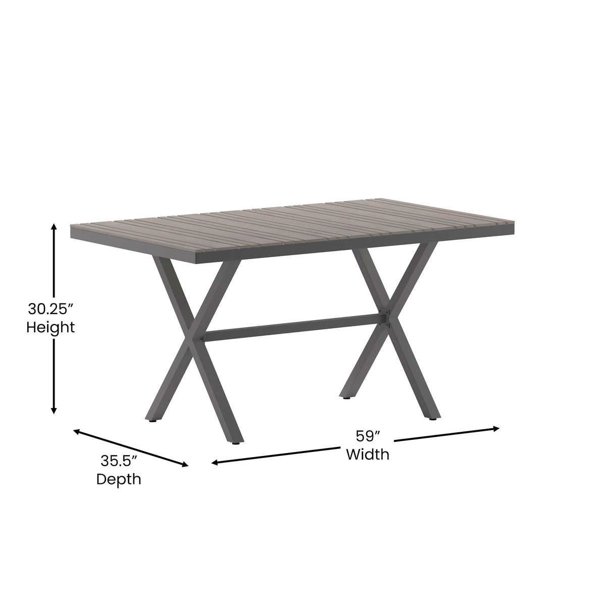 Flash Furniture SB-TB288-GRY-GG Commercial 59 x 35.5 Cross Frame Faux Teak Outdoor Patio Table - Gray/Gray (Gray Top/Gray Frame) - View 3