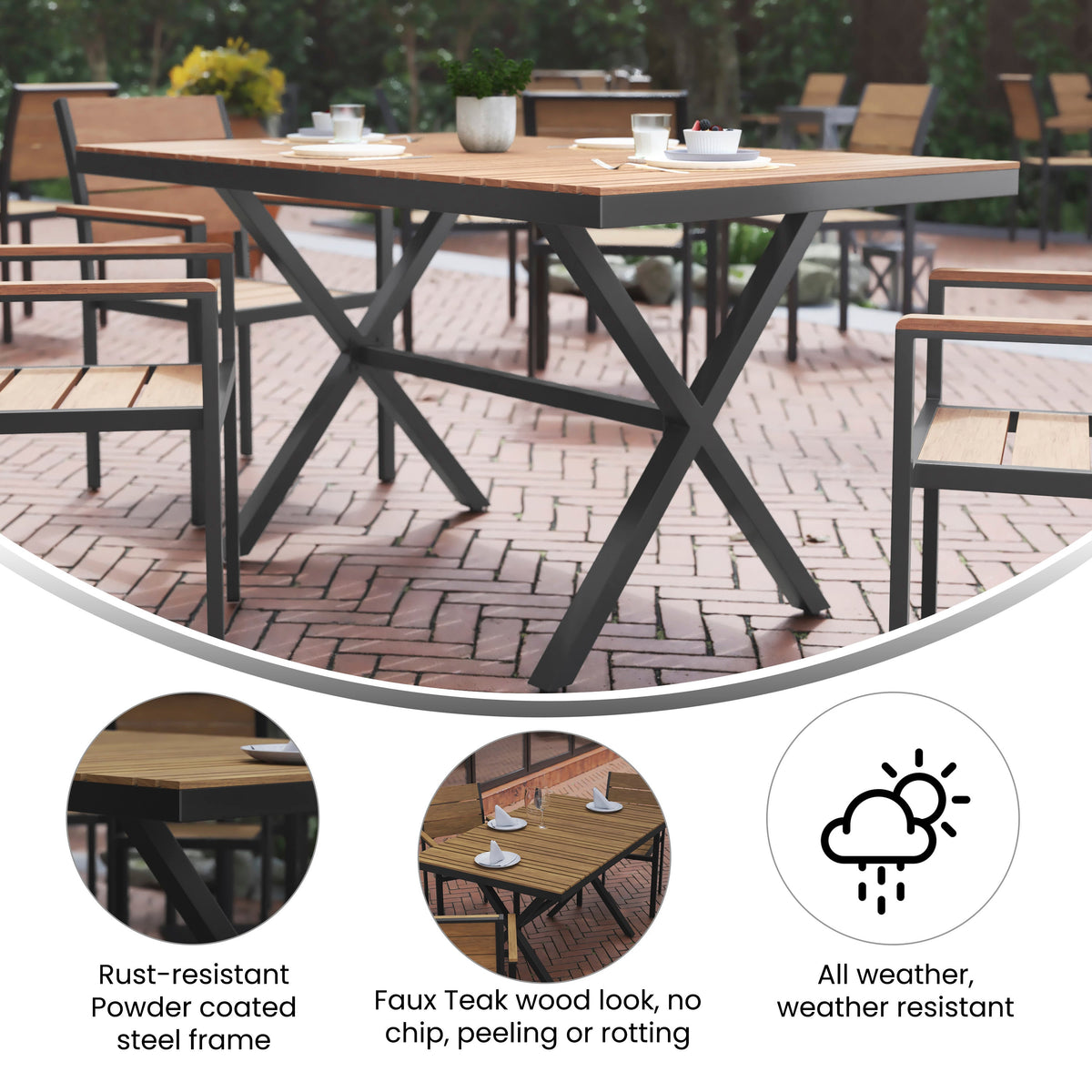 Flash Furniture SB-TB288-NAT-GG Commercial 59 x 35.5 Cross Frame Faux Teak Outdoor Patio Table - Natural/Gray (Natural Top/Gray Frame) - View 2
