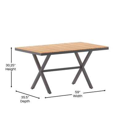 Flash Furniture SB-TB288-NAT-GG Commercial 59 x 35.5 Cross Frame Faux Teak Outdoor Patio Table - Natural/Gray (Natural Top/Gray Frame) - View 3