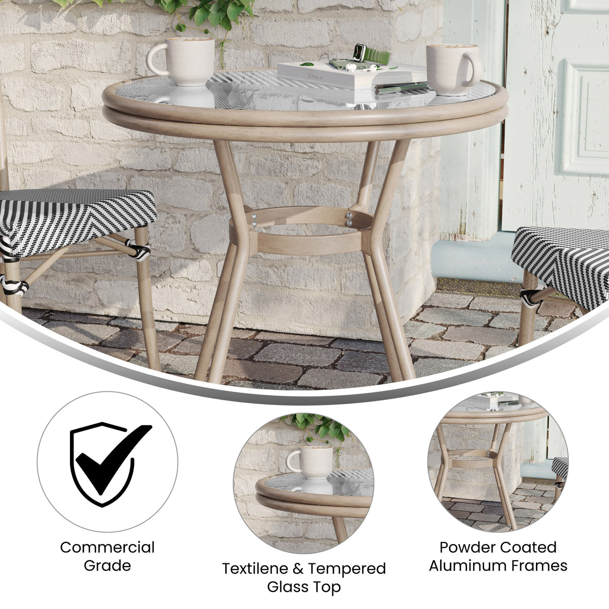 Flash Furniture SDA-AD641011-80-BLKWH-LTNAT-GG Indoor/Outdoor Commercial Glass Top Bistro Table in Black/White (Black & White Textilene/Light Natural Frame) - View 2