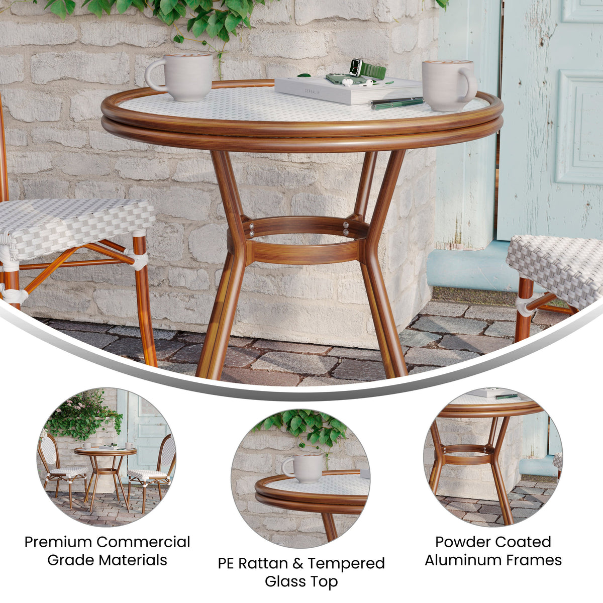 Flash Furniture SDA-AD641012-80-WHGY-NAT-GG Indoor/Outdoor Commercial Glass Top Bistro Table in White/Gray (White & Gray Rattan/Natural Frame) - View 2