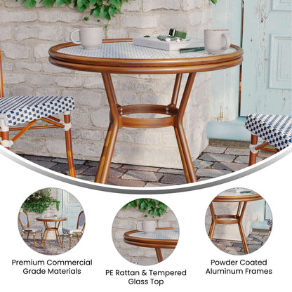 Flash Furniture SDA-AD641012-80-WHNVY-NAT-GG Indoor/Outdoor Commercial Glass Top Bistro Table in White/Navy (White & Navy Rattan/Natural Frame) - View 2