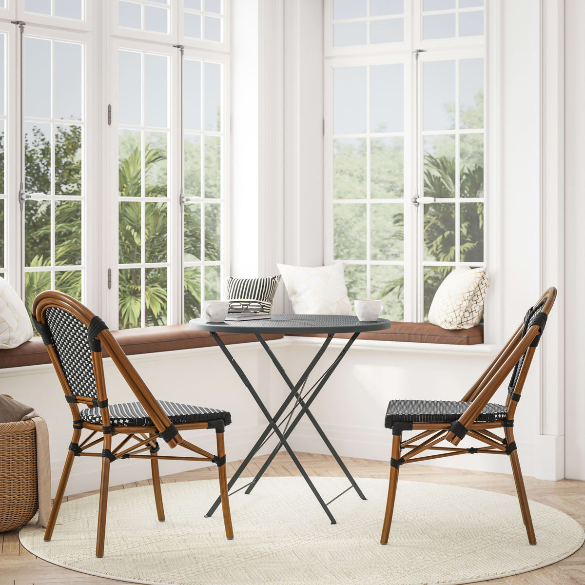 Flash Furniture SDA-AD642001-BKWH-NAT-GG All-Weather Commercial Paris Chair with Bamboo Print Aluminum Frame-Black/White (Black & White/Natural Frame) - View 2