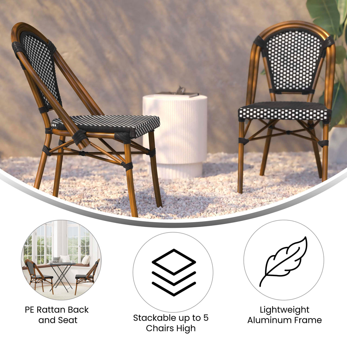 Flash Furniture SDA-AD642001-BKWH-NAT-GG All-Weather Commercial Paris Chair with Bamboo Print Aluminum Frame-Black/White (Black & White/Natural Frame) - View 3
