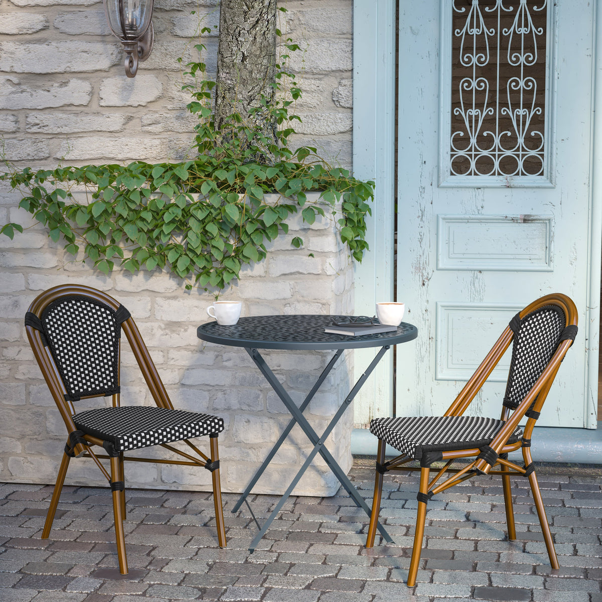 Flash Furniture SDA-AD642001-BKWH-NAT-GG All-Weather Commercial Paris Chair with Bamboo Print Aluminum Frame-Black/White (Black & White/Natural Frame) - View 5