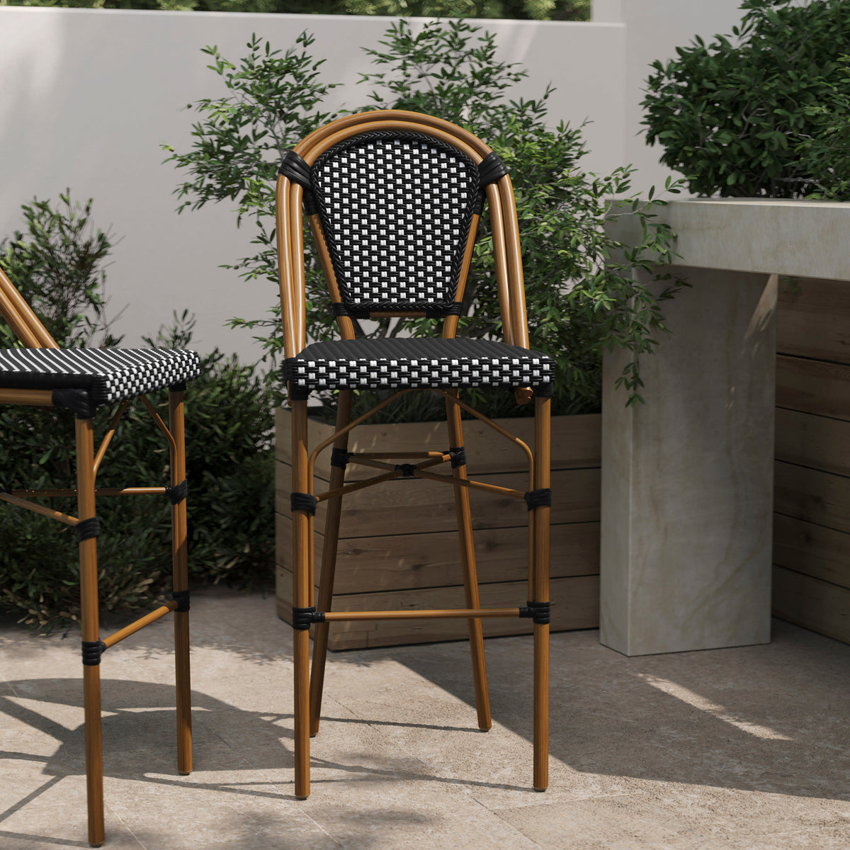 Flash Furniture SDA-AD642001-BS-BKWH-NAT-GG All-Weather Commercial Paris Stool with Bamboo Print Metal Frame-Black/White (Black & White/Natural Frame) - View 2
