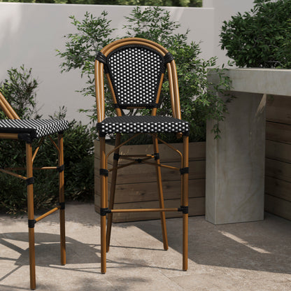 Flash Furniture SDA-AD642001-BS-BKWH-NAT-GG All-Weather Commercial Paris Stool with Bamboo Print Metal Frame-Black/White (Black & White/Natural Frame) - View 2