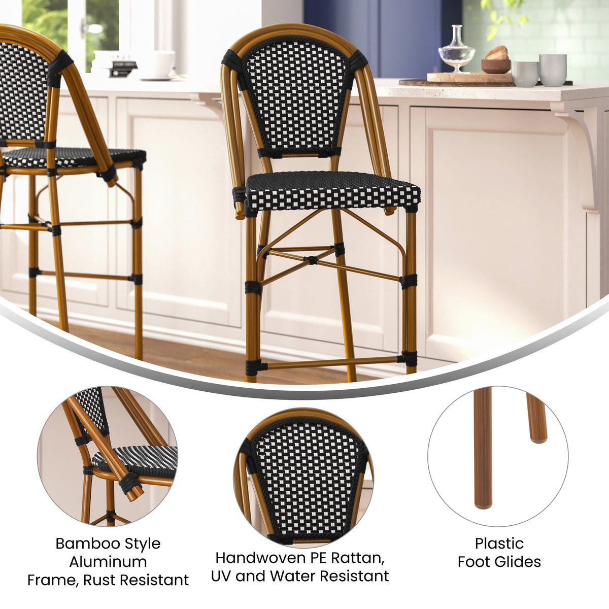 Flash Furniture SDA-AD642001-BS-BKWH-NAT-GG All-Weather Commercial Paris Stool with Bamboo Print Metal Frame-Black/White (Black & White/Natural Frame) - View 3