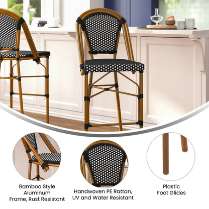 Flash Furniture SDA-AD642001-BS-BKWH-NAT-GG All-Weather Commercial Paris Stool with Bamboo Print Metal Frame-Black/White (Black & White/Natural Frame) - View 3