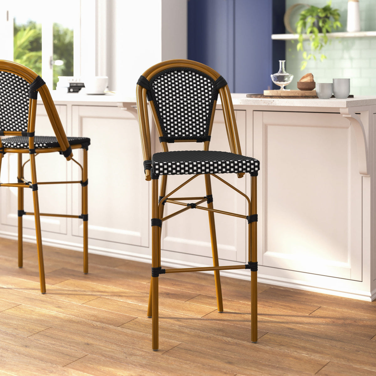 Flash Furniture SDA-AD642001-BS-BKWH-NAT-GG All-Weather Commercial Paris Stool with Bamboo Print Metal Frame-Black/White (Black & White/Natural Frame) - View 5